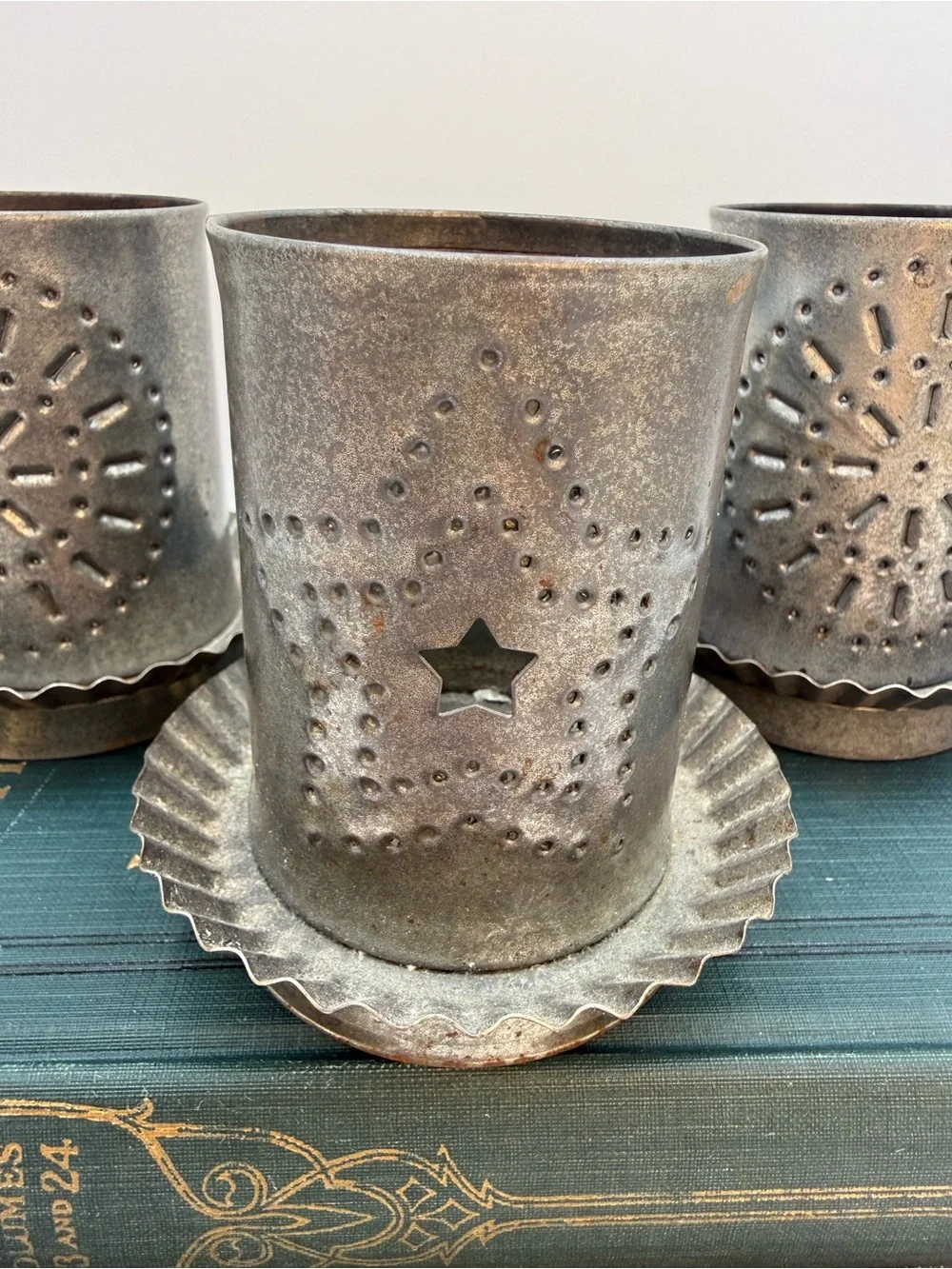 3 Vintage Punched Pierced Tin Candle Holder Primitive Folk Country